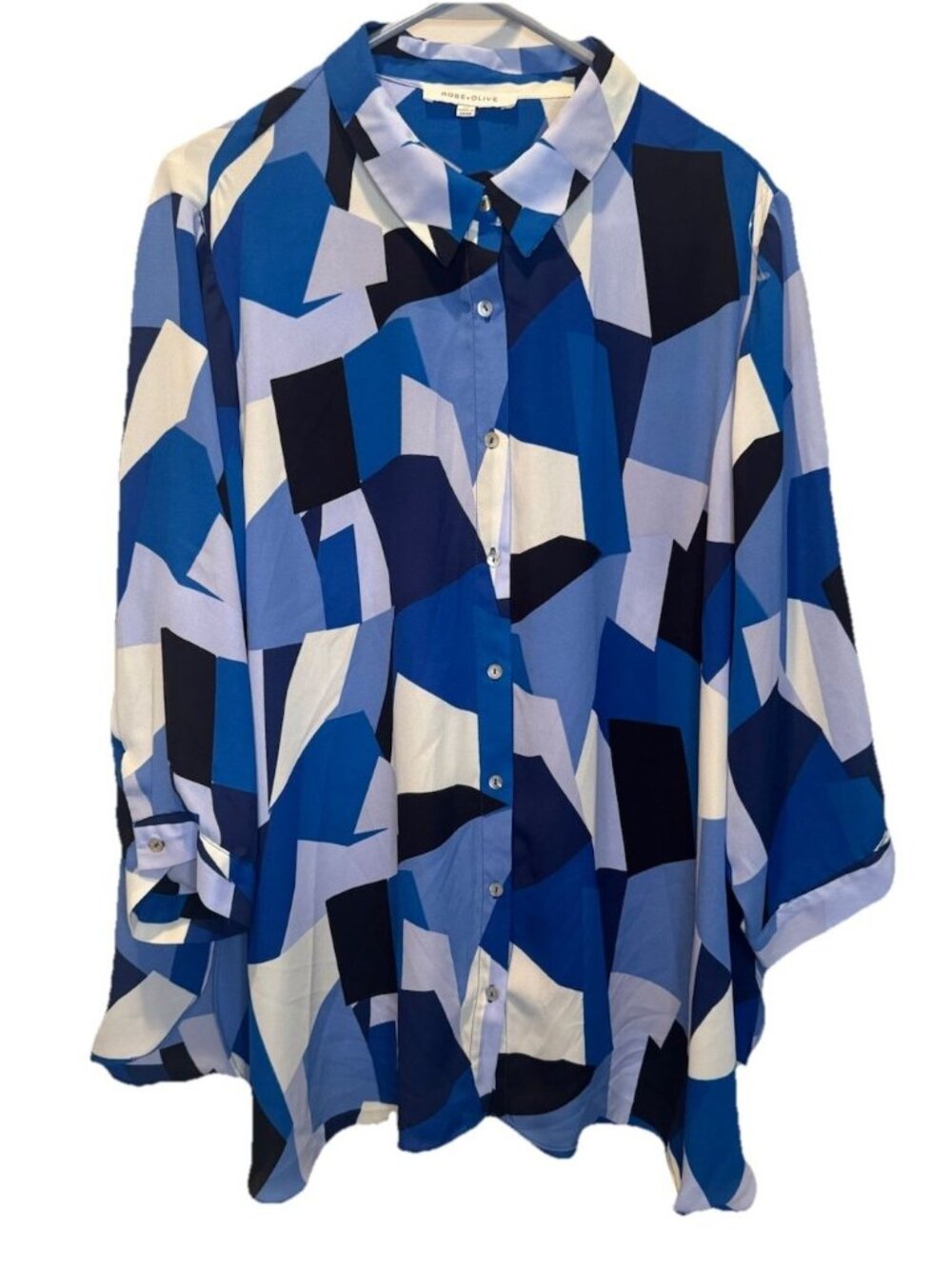 Rose + Olive Womens Blue Geometric 3/4 Sleeve Button Up Top 2X Art To Wear